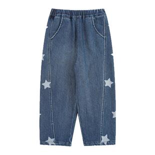 幼悠男童牛仔裤冬季新款星星印花萝卜裤加绒保暖儿童百搭宽松长裤