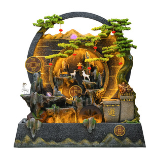 新中式高山流水喷泉客厅落地装饰水景观办公室水幕墙屏风水轮摆件