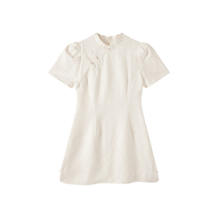 Jamor新中式白色旗袍连衣裙2025夏季新款气质复古中短裙子