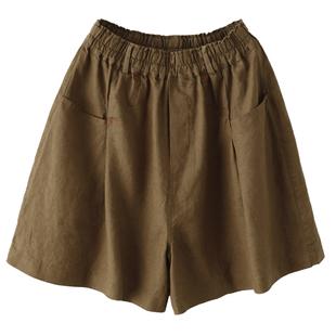 2024夏季百搭纯亚麻短裤女松紧腰宽松显瘦阔腿裤休闲口袋纯色麻裤
