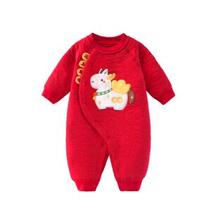 婴蓓依婴儿连体衣拜年服宝宝红色过年衣服秋冬夹棉保暖哈衣刺绣