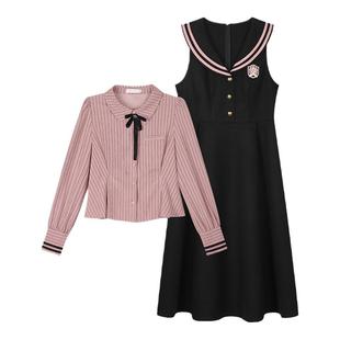 安妮不火 学院风呢子连衣裙套装女2025秋冬新款微胖大码两件套装
