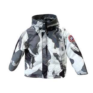 儿童工装短款羽绒服2019冬男童女童鹅迷彩蓝色羽绒服连帽防风加厚