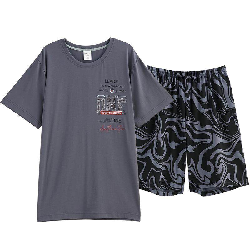 玛伦萨短袖睡衣男纯棉夏季新款圆领字母个性花纹家居服套装可外穿