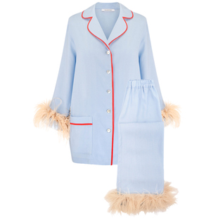 sleeper风精品春夏羽毛边饰红蓝色撞色派对风时尚睡衣套装可外穿