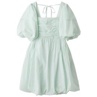 LILY BROWN春夏款甜美纯色方领收腰泡泡袖连衣裙LWFO252056