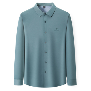 皮尔卡丹男士桑蚕丝加绒长袖衬衫中青年一体绒保暖无痕纯色衬衣男