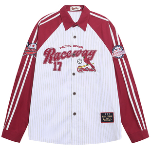 OV原创美式条纹撞色拼接情侣长袖衬衫女春季学院风宽松翻领衬衣男