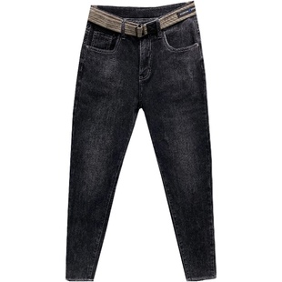 赠送腰带灰黑微垮小脚修身牛仔裤男潮秋韩版社会青年学生百搭长裤