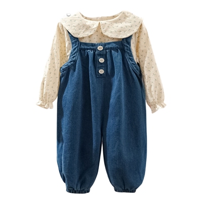 法国轻奢童装女童背带裤套装洋气儿童牛仔连体裤宝宝婴儿春秋衣服