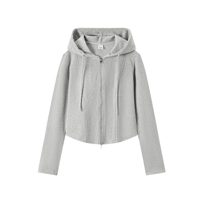 商场同款森马外套女短款宽松秋新款修身抽身连帽灰色拉链夹克卫衣