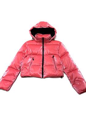 拉链亮面连帽高腰短棉服外套