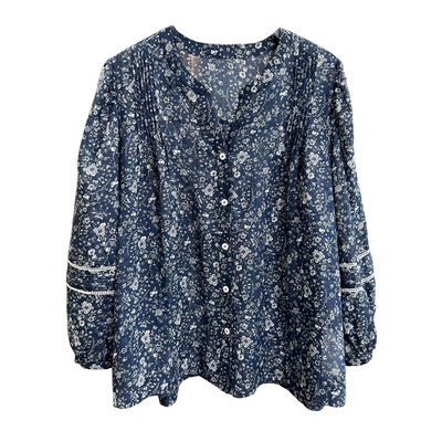 宽松苎麻小碎花V领灯笼袖衬衫