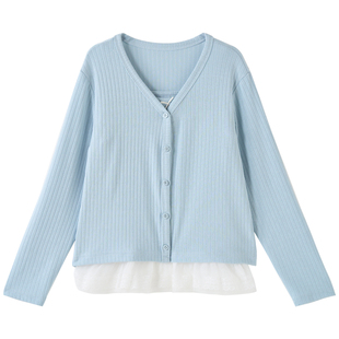 女大童开衫吊带两件套2026春季新款少女水蓝上衣蕾丝背心学生套装