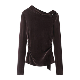 艾诺丝国内代购2026春季新款修身飘带领丝绒长袖T恤上衣BR601134
