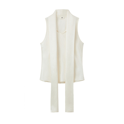 440ME女装新品气质珍珠白老钱风修身飘带时尚无袖上衣FDSS0282W