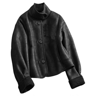 纯色复古宽松显瘦加厚御寒机车服皮毛一体长袖休闲女装短外套N862