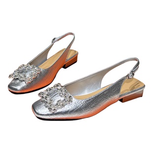 丹行道香槟法式方扣水钻包头凉鞋女2026春季新款方头低跟后空单鞋