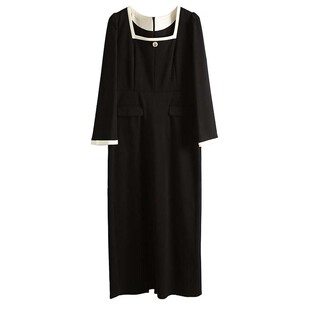 黑色方领长袖连衣裙女2026年春季新款赫本风气质收腰显瘦包臀裙子