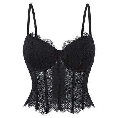 蕾丝透视外穿鱼骨胸衣背心黑色