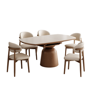 蓝色理想现代简约风实木岩板餐桌椅组合家用长方形可变圆形餐桌