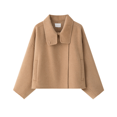 两穿翻领幼骆驼绒短款双面呢大衣