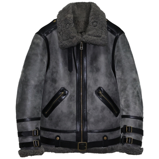 男女原生态绵羊皮毛一体真皮皮衣加厚休闲翻领短款机车夹克外套如