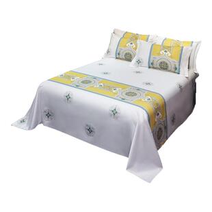 高密度全棉白色贡缎床单单件纯棉新中式被单酒店民宿柠檬黄色宽条