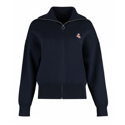 法式藏蓝色拉链羊毛混纺毛衣开衫