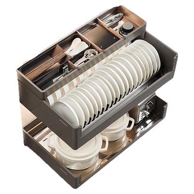 悍高橱柜拉篮铝合金双层抽屉式碗篮内置碗架304不锈钢收纳碗碟篮