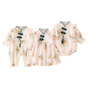 婴儿礼盒套装女宝宝绿色纯棉哈衣古风旗袍连衣裙满月百天新生礼物