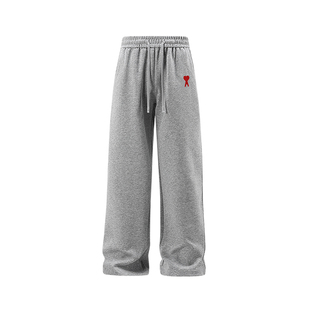 Ami iepo官方灰色加绒直筒卫裤男女情侣秋冬新款宽松运动休闲长裤