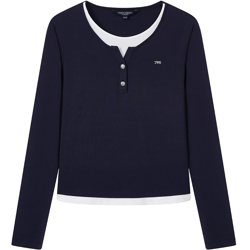 TeenieWeenie小熊女装T恤秋冬季简约复古时髦撞色拼接长袖打底衫