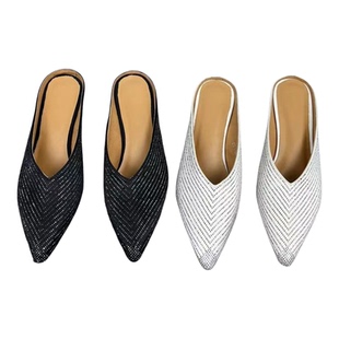 尖头粗跟低跟2025新款女鞋包头带钻拖鞋时尚闪亮外穿配礼服半拖鞋