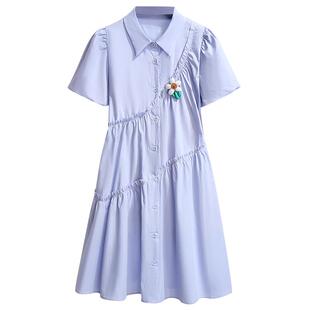 超火杏色polo领泡泡袖衬衫连衣裙女士2026夏季新款宽松遮肚小个子