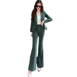 高级感绿色毛呢套装女冬装新款职业装气质时尚西装微喇叭裤两件套