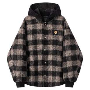 【限时清仓】男装苏格兰格纹长绒羊驼混纺双面呢连帽毛呢夹克外套