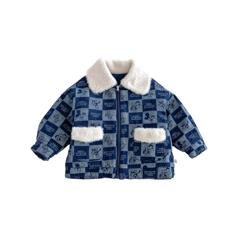 男童冬季卡通加厚毛领牛仔棉服