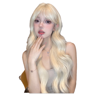 哼唧假发女长发中分齐刘海大波浪长卷发浅金米白仿全真人发全头套