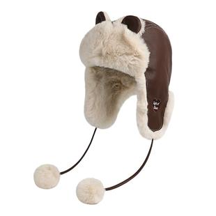 可爱小熊耳朵皮质雷锋帽女冬季加绒防风滑雪帽防寒保暖护耳帽子男