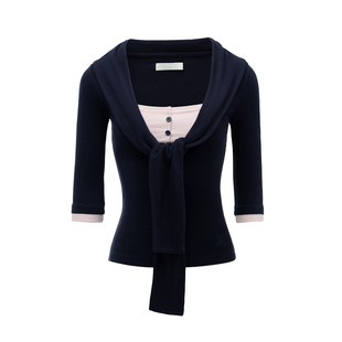 [GINGER]4muggle亨利领假两件拼色上衣法式打结打底针织衫显瘦女