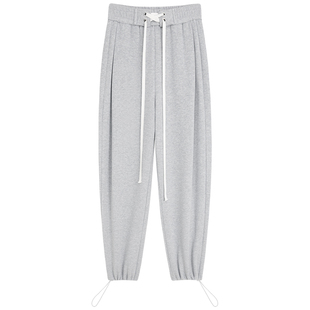 ebenb 灰色运动裤女春秋宽松直筒阔腿裤两穿抽绳束脚拖地卫裤子女