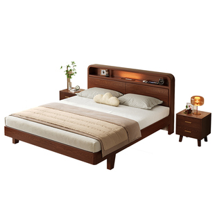 全实木床主卧家用双人床1.8m胡桃木色出租房用儿童现代简约单人床