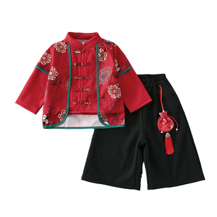 男童汉服秋冬季加绒套装儿童唐装元旦演出服男孩拜年服喜庆过年服