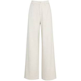 夏莫卡醋酸绵羊毛直筒裤女秋冬厚款侧缝双色刺绣燕麦色阔腿裤8398