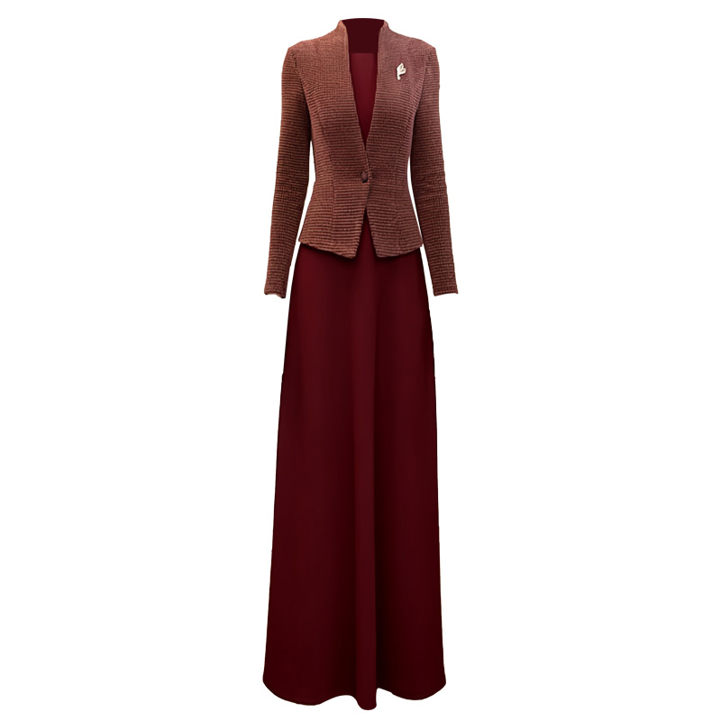 假两件长款连衣裙2025新款气质显瘦裙子秋冬酒红色加厚宴会长裙68