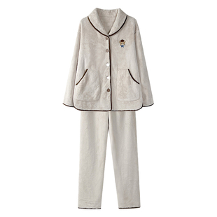 文森熊猫雪花绒秋冬家居服睡衣女士可外穿加绒加厚套装
