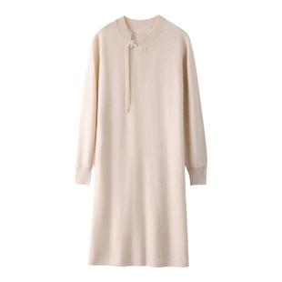 2024年秋冬新中长款100%纯羊毛裙女针织毛衣裙侧盘口连衣裙新中式