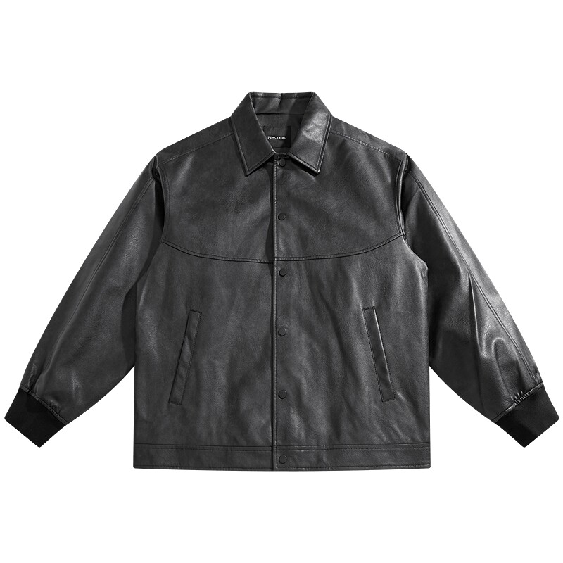 太平鸟男装夹克春秋阔版pu皮外套潮牌复古宽松翻领质感插袋外套潮
