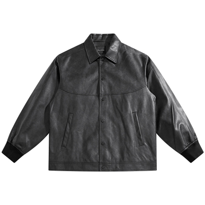 太平鸟男装夹克春阔版pu皮外套潮牌复古宽松翻领质感插袋外套潮